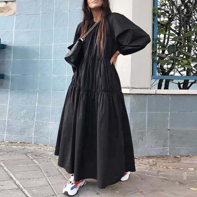 Plus Size Puff Sleeve Maxi Tiered Dress - MomyMall BLACK / S