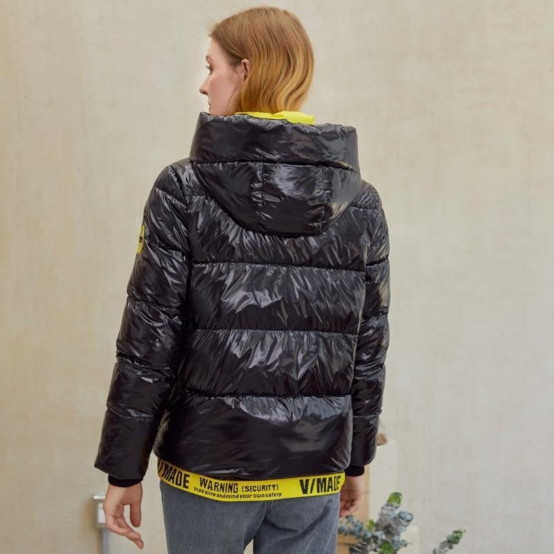 Hooded Shiny Puffer Coat - Short Coat With Waist Clip