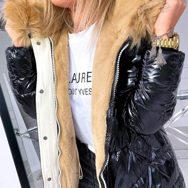 High Shine Puffer Jacket With Faux Fur Hood