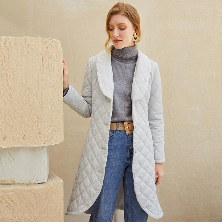 Diamond Quilted Turn Down Collar Belted Coat