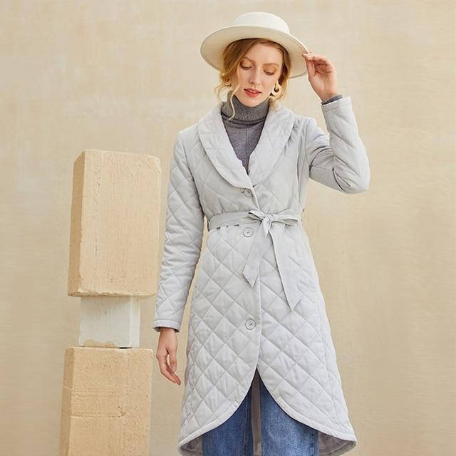 Diamond Quilted Turn Down Collar Belted Coat