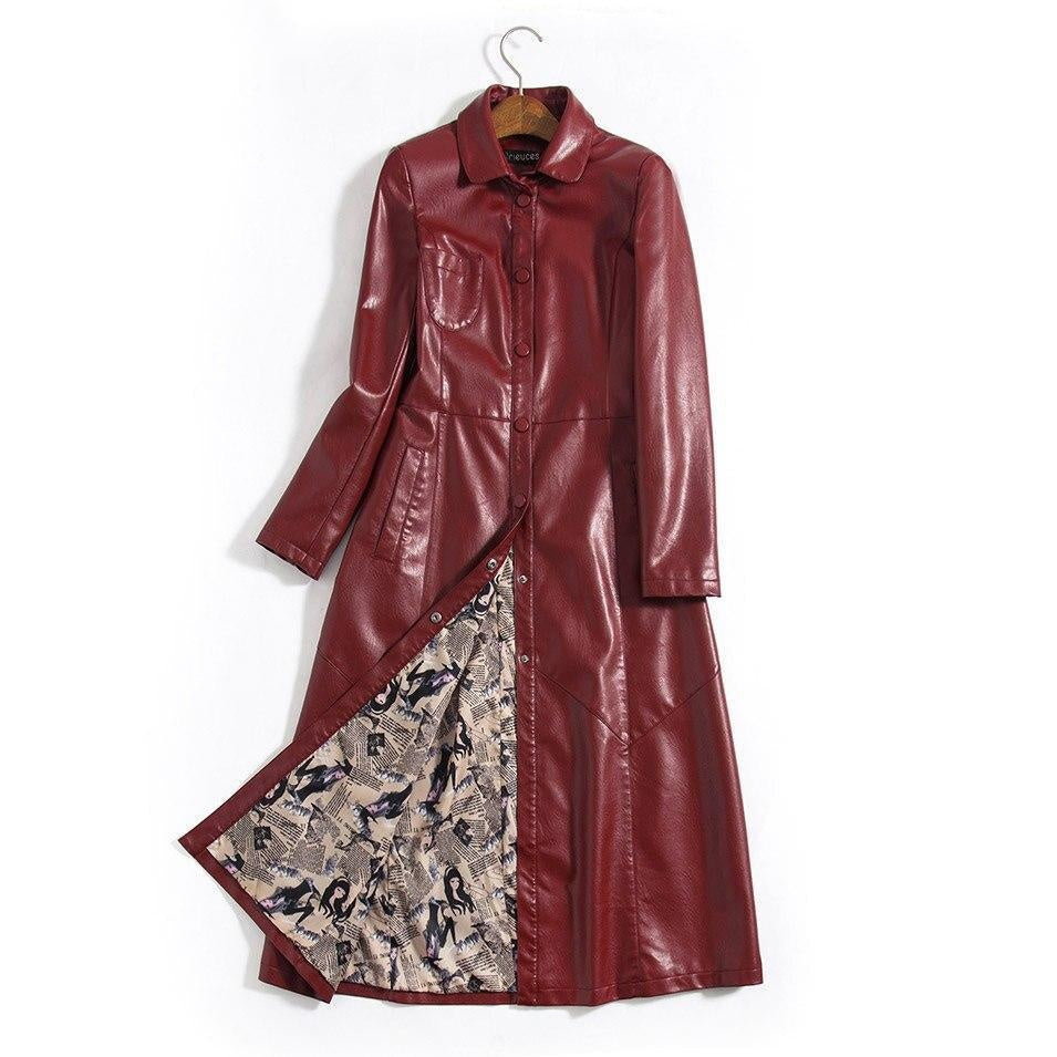 Button Up Faux Leather Plus Size Trench Coat With Pocket