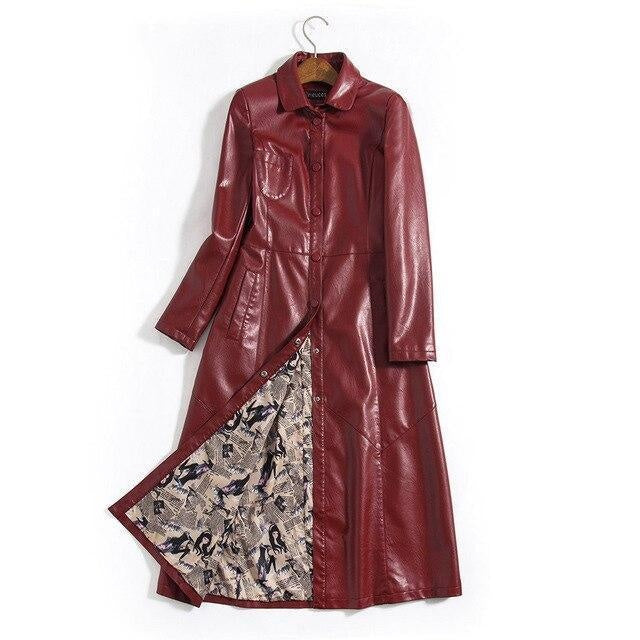 Button Up Faux Leather Plus Size Trench Coat With Pocket