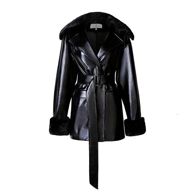 Mid-Thigh Faux Leather Jacket With Fur Trim