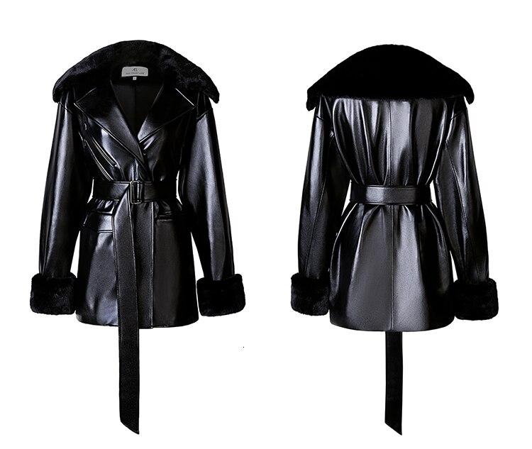 Mid-Thigh Faux Leather Jacket With Fur Trim