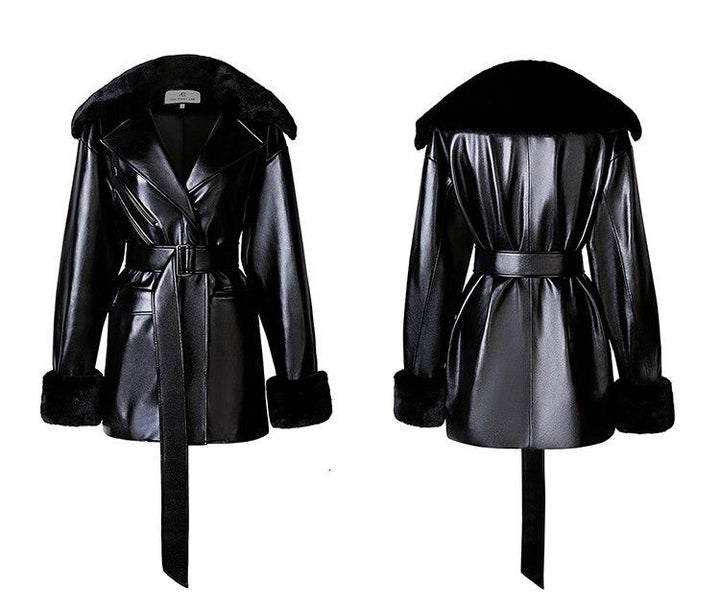 Mid-Thigh Faux Leather Jacket With Fur Trim