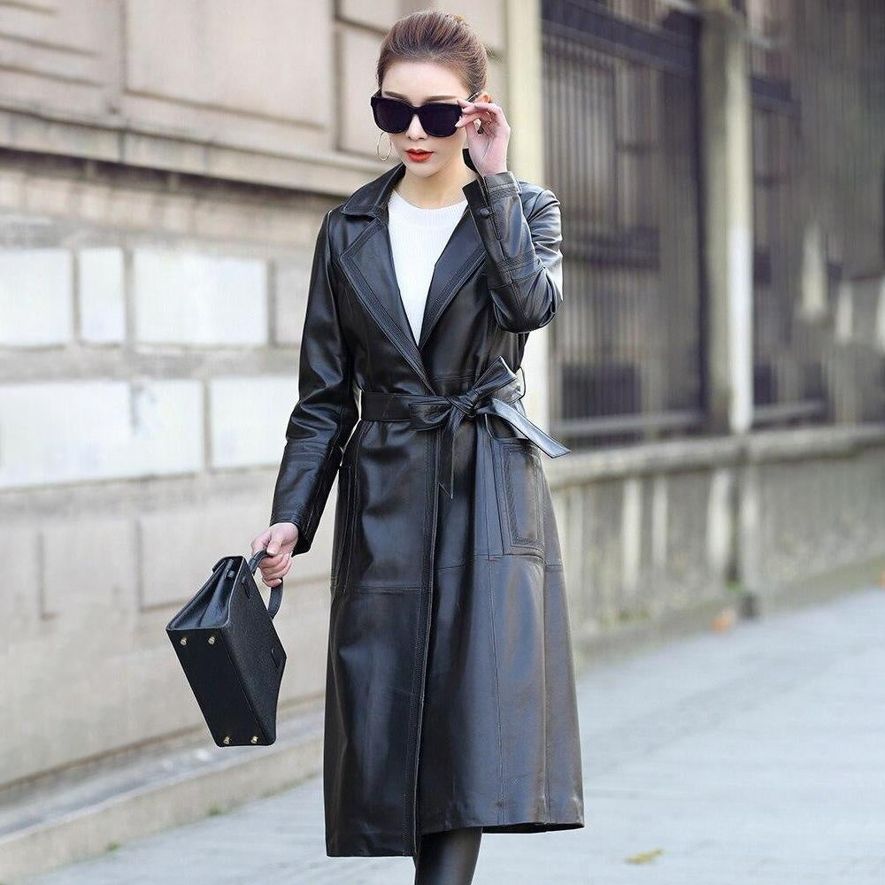 Sheepskin Leather Long Trench Coat With Belt