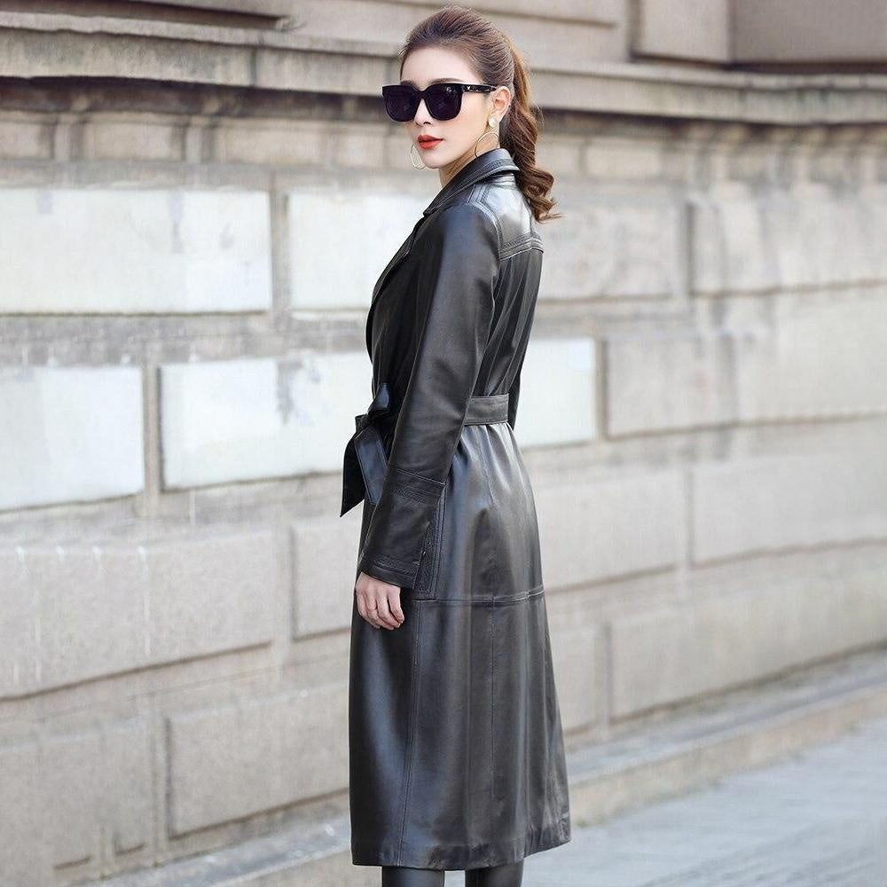 Sheepskin Leather Long Trench Coat With Belt