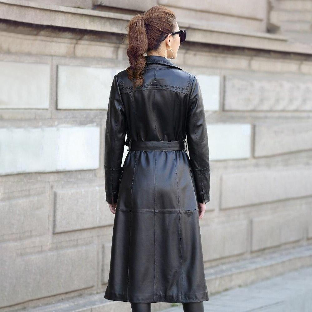 Sheepskin Leather Long Trench Coat With Belt