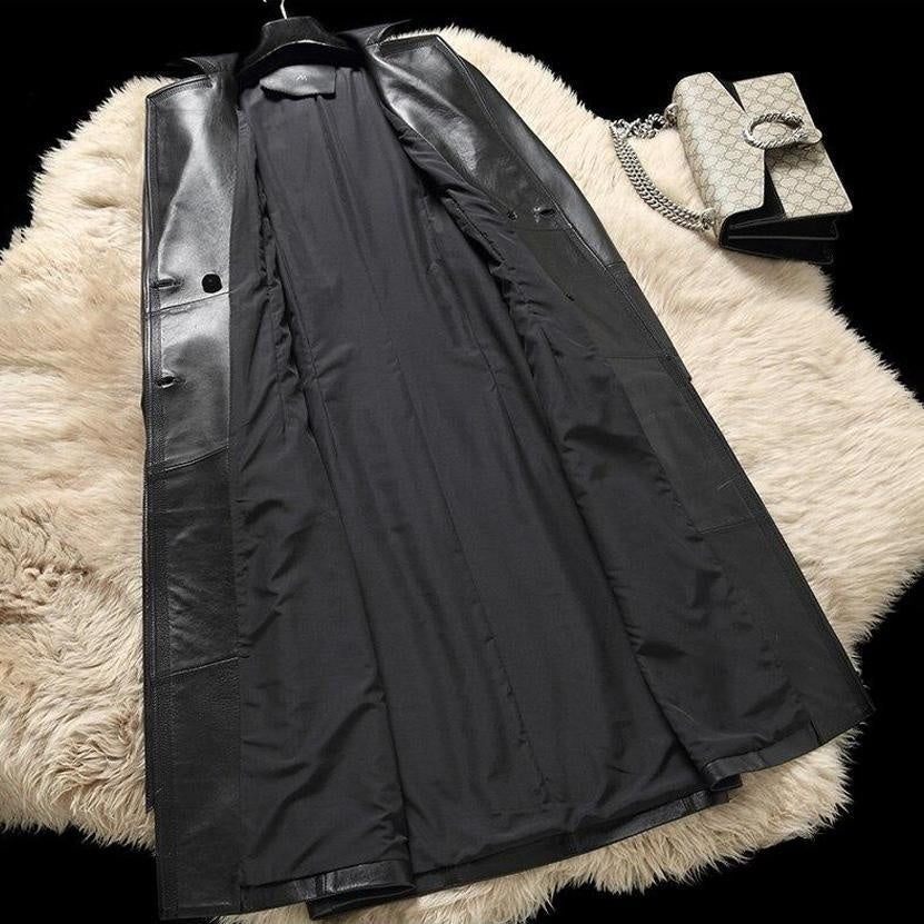 Sheepskin Leather Long Trench Coat With Belt