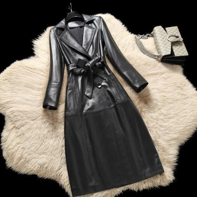 Sheepskin Leather Long Trench Coat With Belt