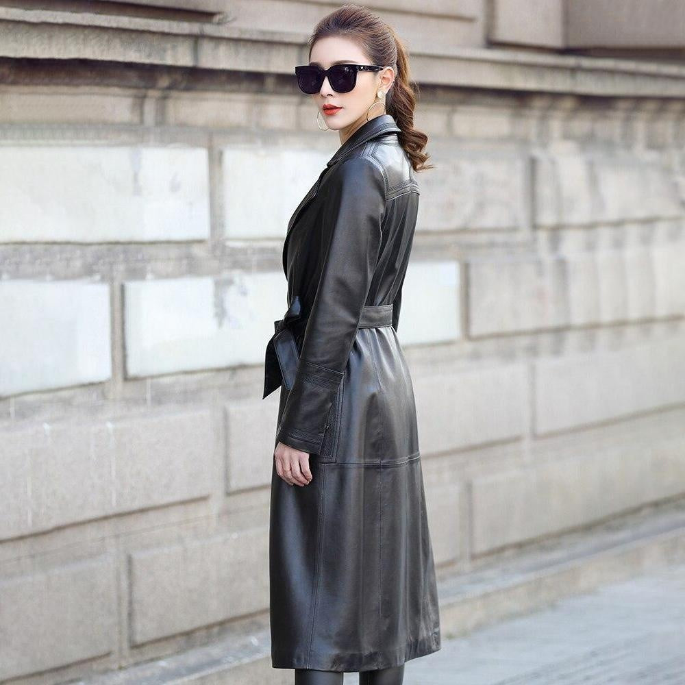 Sheepskin Leather Long Trench Coat With Belt