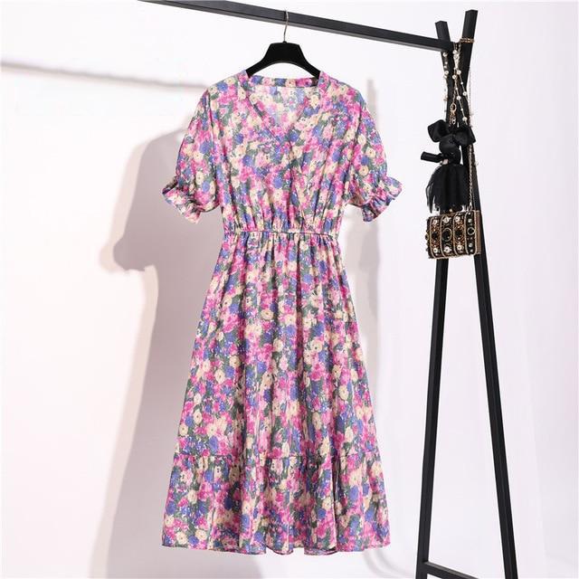 Short Sleeve Chiffon Midi Dress In Floral Print