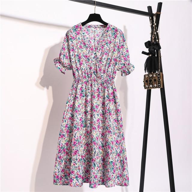 Short Sleeve Chiffon Midi Dress In Floral Print