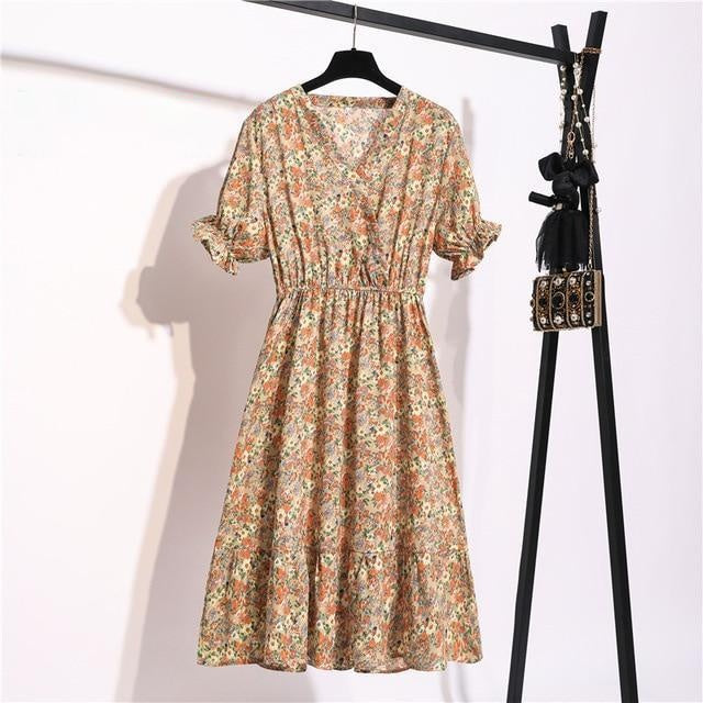 Short Sleeve Chiffon Midi Dress In Floral Print