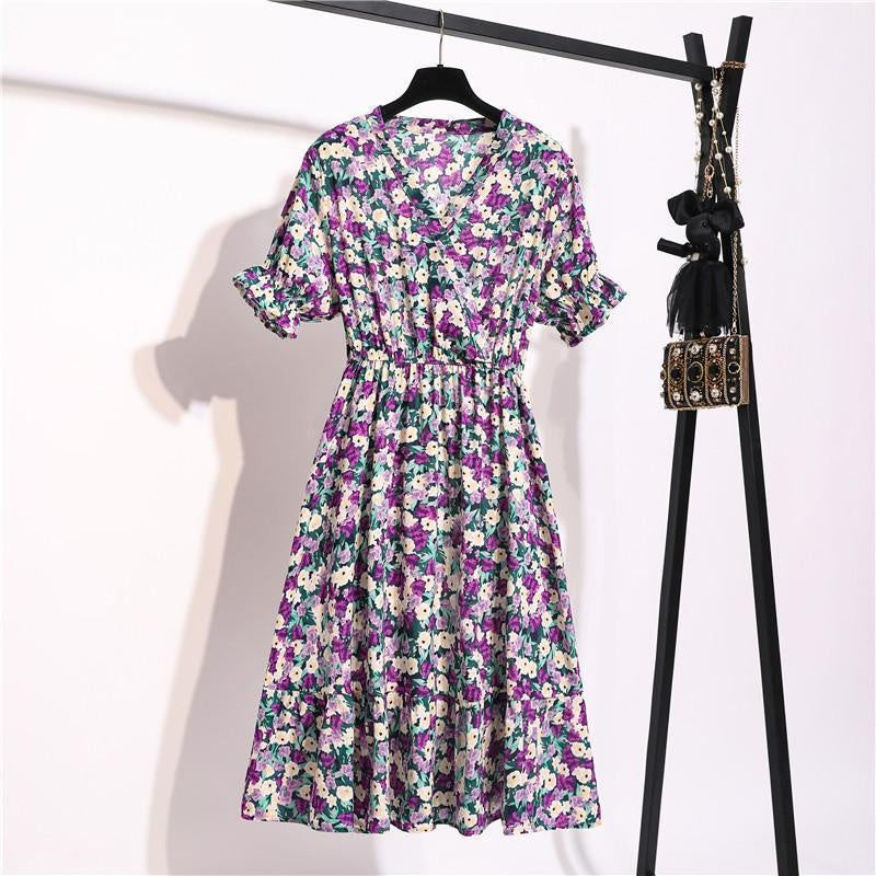 Short Sleeve Chiffon Midi Dress In Floral Print