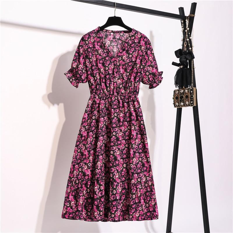 Short Sleeve Chiffon Midi Dress In Floral Print