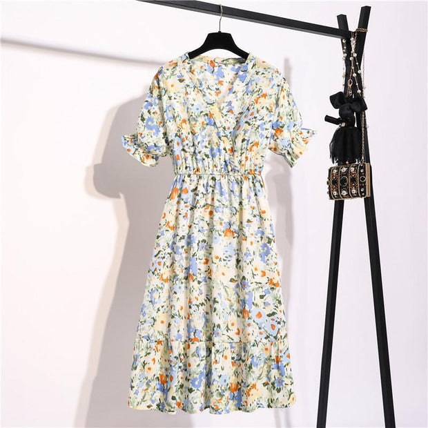 Short Sleeve Chiffon Midi Dress In Floral Print