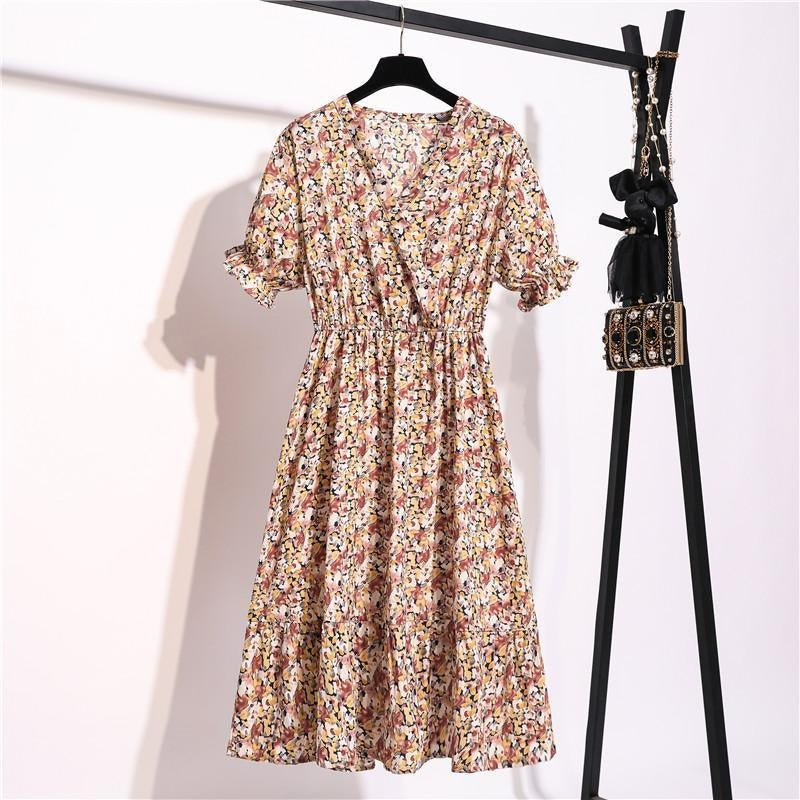 Short Sleeve Chiffon Midi Dress In Floral Print