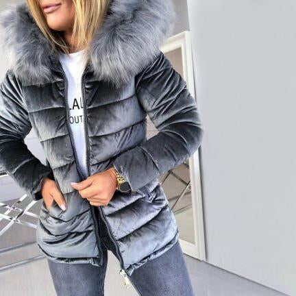 Velvet Puffer Jacket With Fur Hood