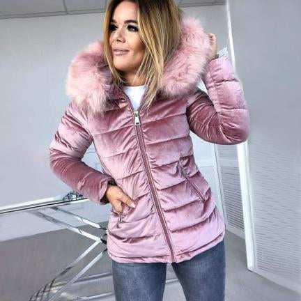 Velvet Puffer Jacket With Fur Hood