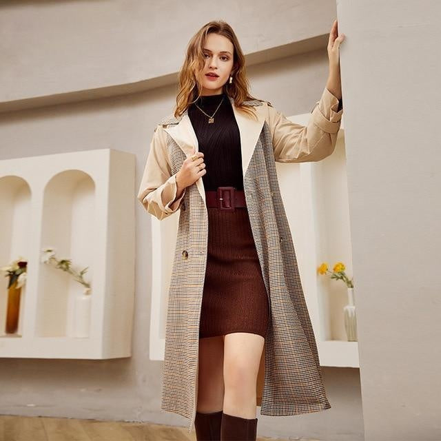 Contrast Panel Plaid Trench Coat With Belt