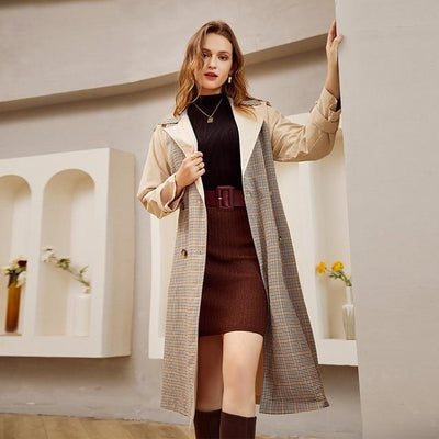 Contrast Panel Plaid Trench Coat With Belt