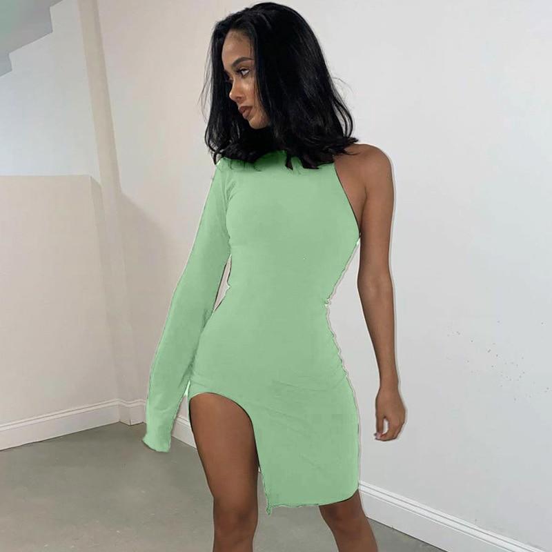 One Shoulder Mini Bodycon Dress With Side Split - MomyMall GREEN / S