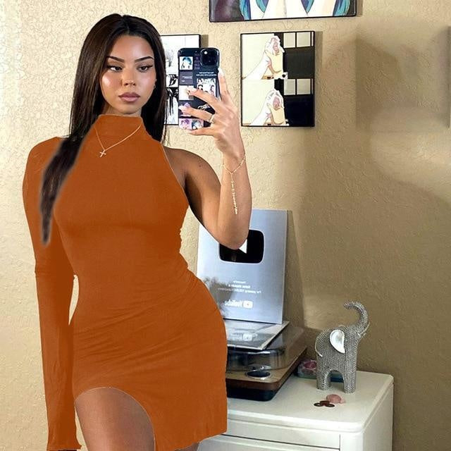 One Shoulder Mini Bodycon Dress With Side Split - MomyMall ORANGE / S