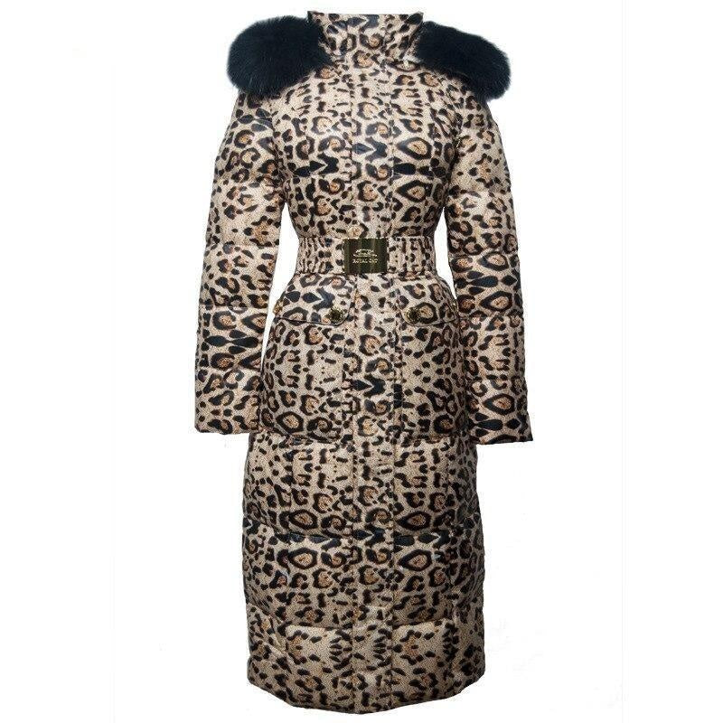 Belted Leopard Print Winter Coat With Faux Fur Hood