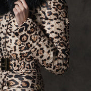 Belted Leopard Print Winter Coat With Faux Fur Hood