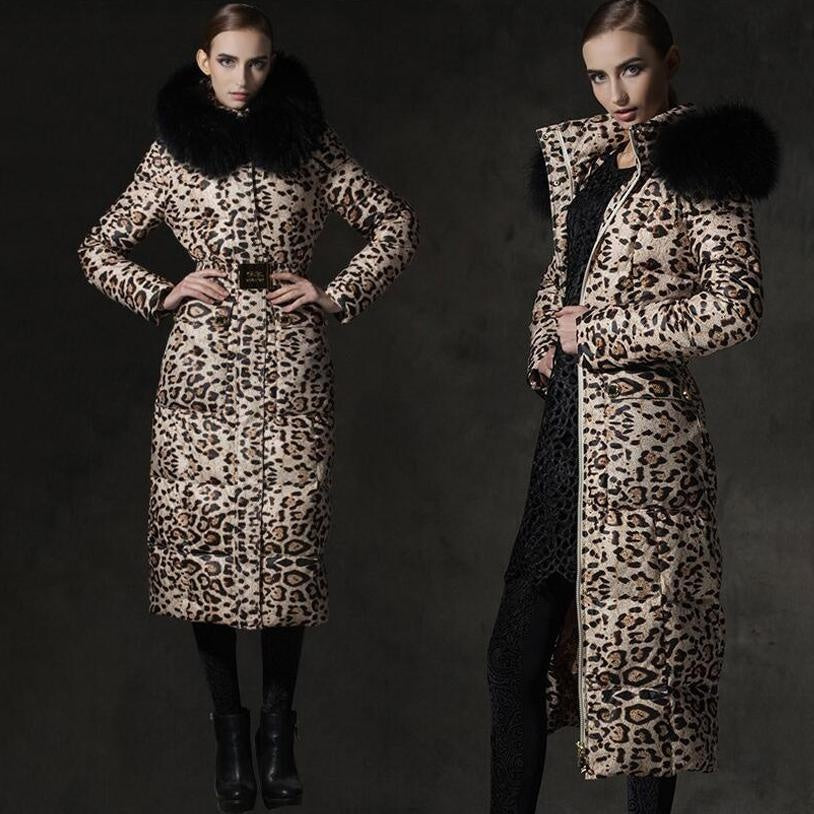 Belted Leopard Print Winter Coat With Faux Fur Hood