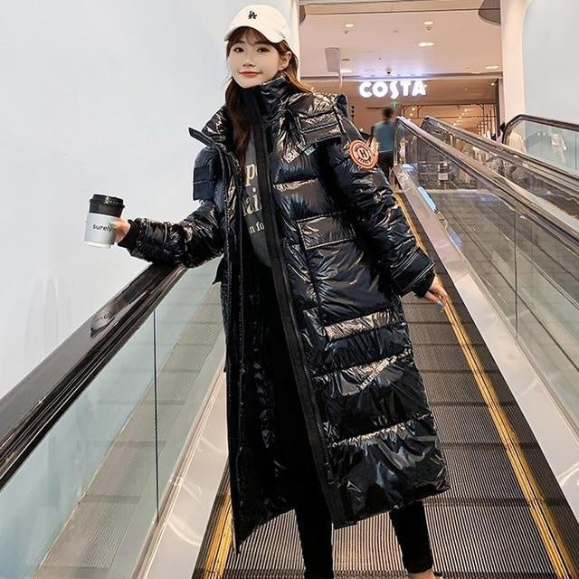 Extra Long High Shine Puffer Jacket With Hood & Arm Patch