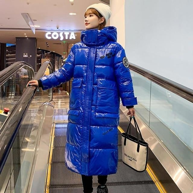 Extra Long High Shine Puffer Jacket With Hood & Arm Patch