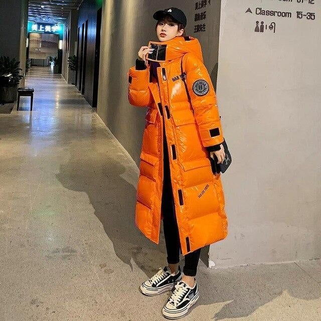 Extra Long High Shine Puffer Jacket With Hood & Arm Patch