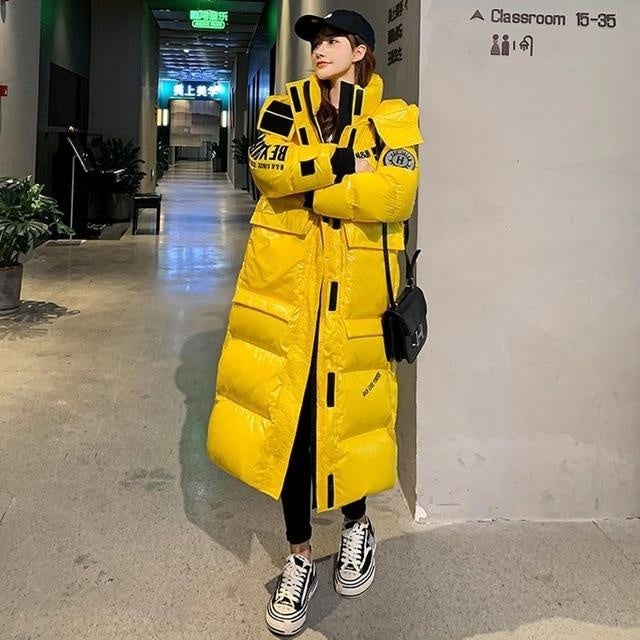 Extra Long High Shine Puffer Jacket With Hood & Arm Patch
