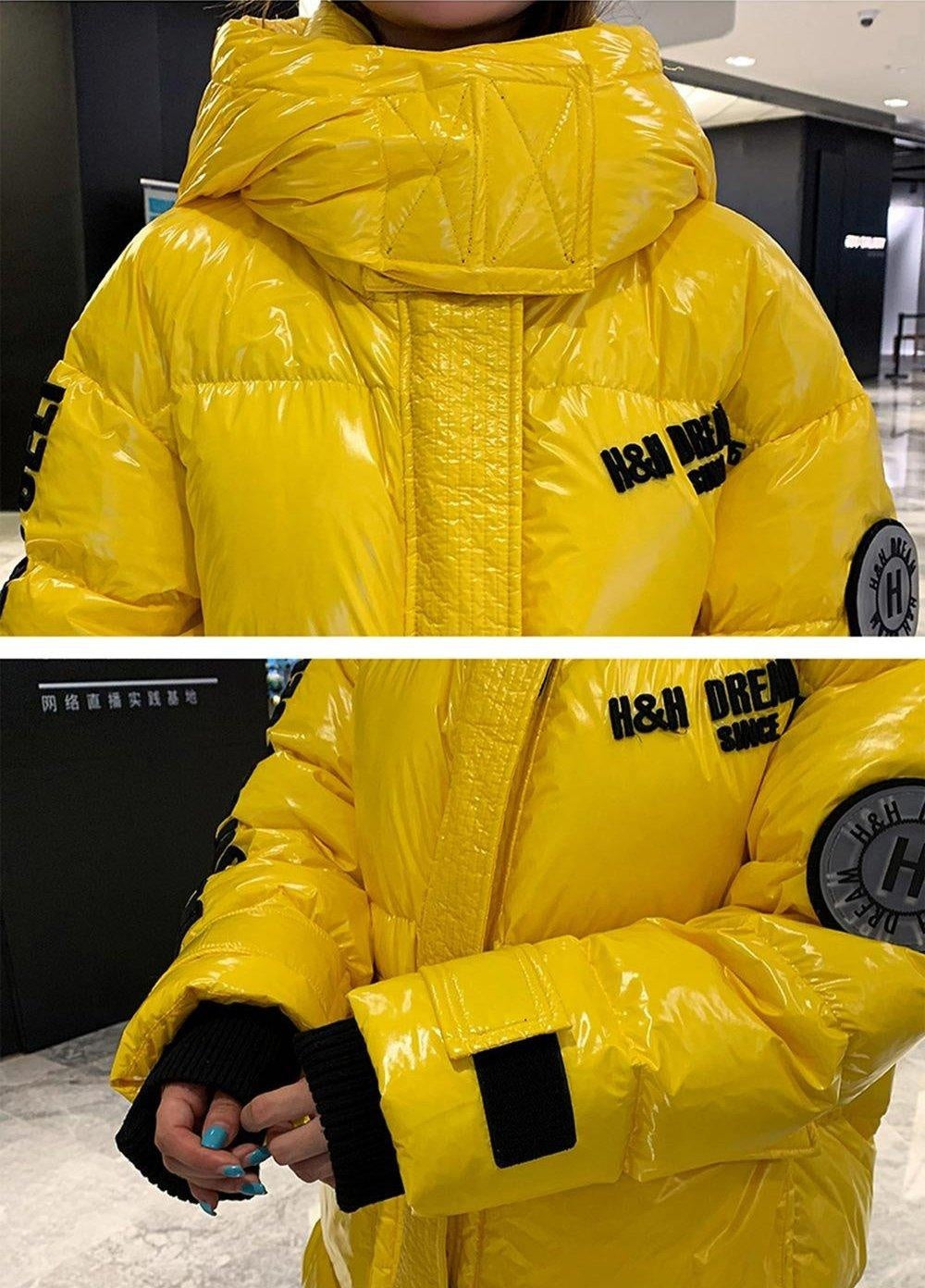 Extra Long High Shine Puffer Jacket With Hood & Arm Patch