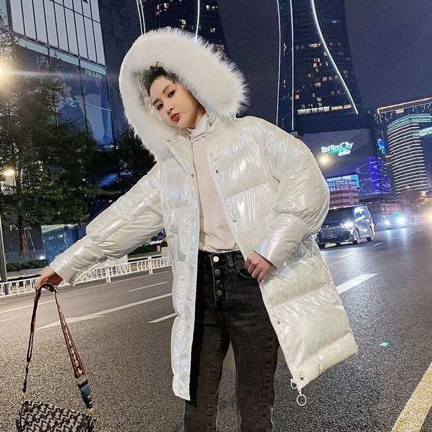 Glossy High Shine Jacket With Faux Fur Hood