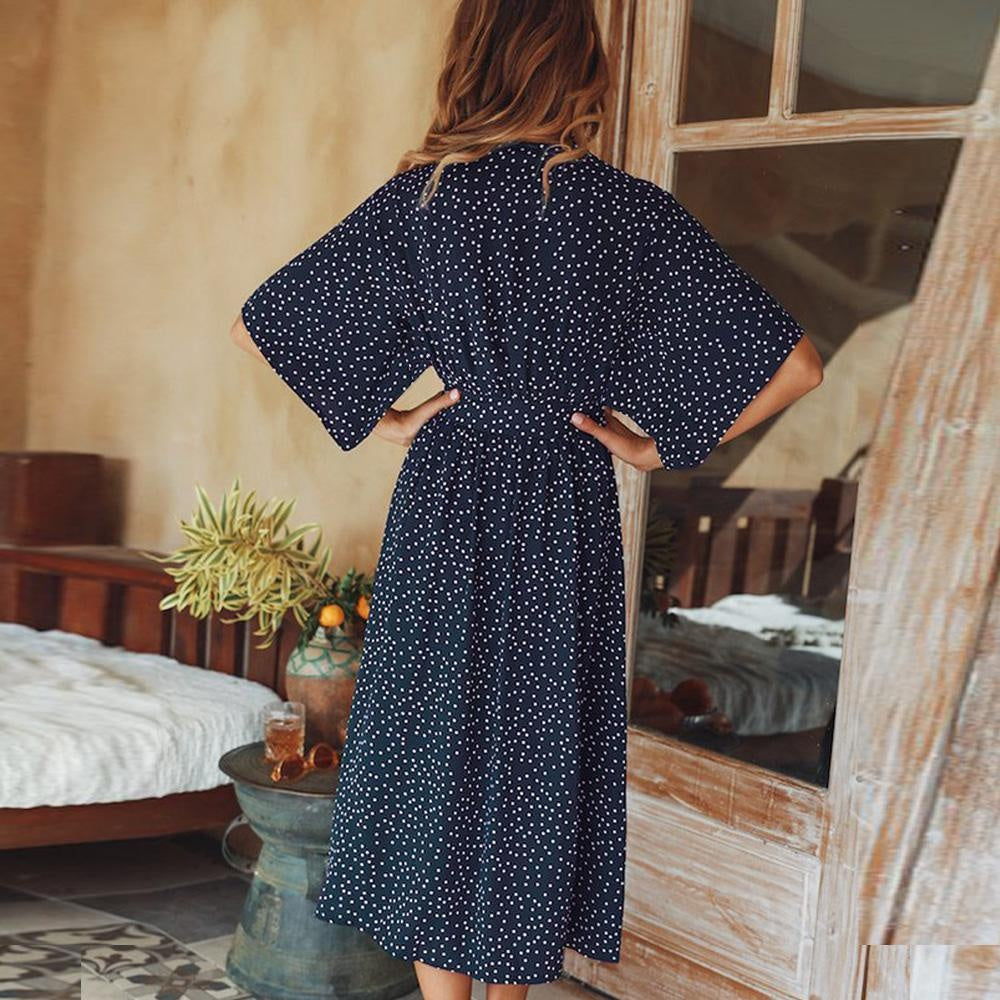 Boho Polka Dot Midi Dress - V-Neck Half Batwing Sleeve Dress - MomyMall