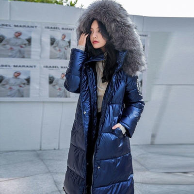 High Shine Winter Puffer Coat Long With Faux Fur Hood