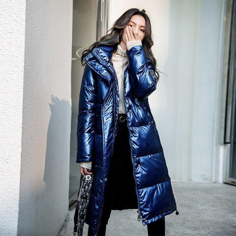 High Shine Winter Puffer Coat Long With Faux Fur Hood