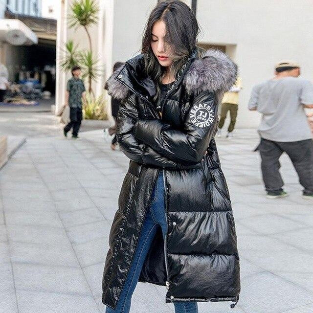 High Shine Winter Puffer Coat Long With Faux Fur Hood