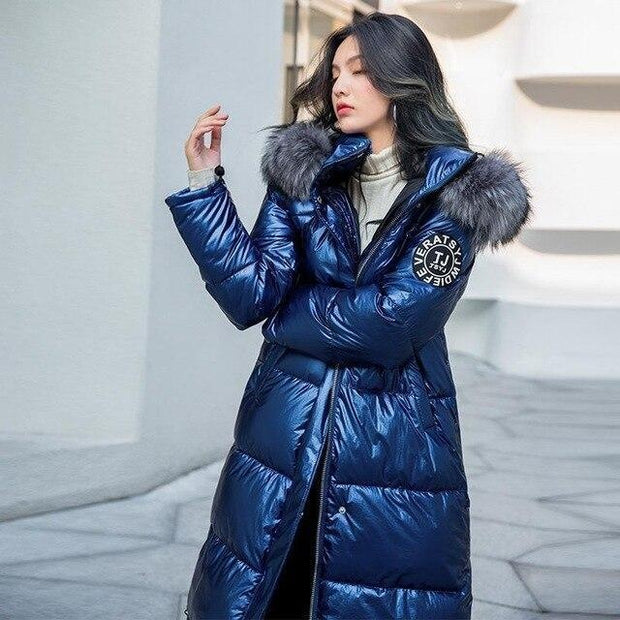High Shine Winter Puffer Coat Long With Faux Fur Hood