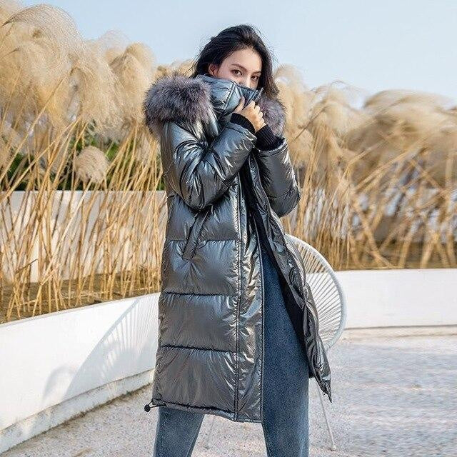 High Shine Winter Puffer Coat Long With Faux Fur Hood