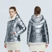 Faux Lambswool Trim Metallic Puffer Jacket With Removable Hood