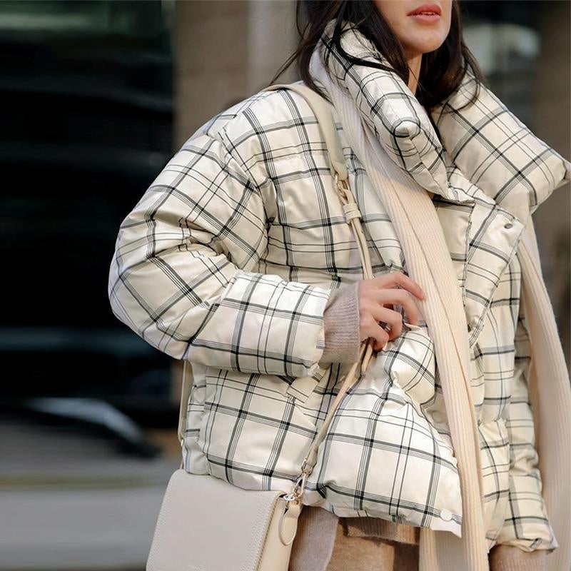 Plaid High Collar Puffer Jacket