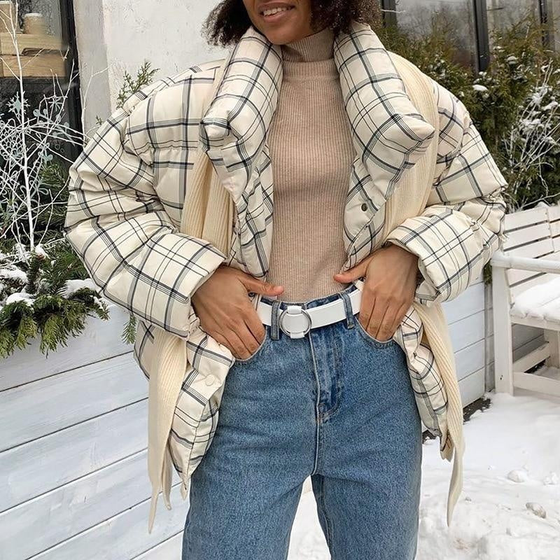 Plaid High Collar Puffer Jacket