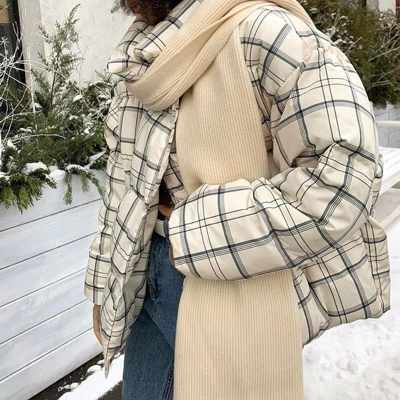 Plaid High Collar Puffer Jacket