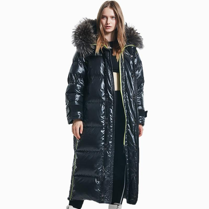Luxury Glossy Long Puffer Coat With Faux Fur Hood