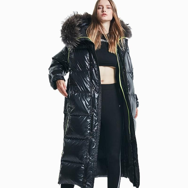 Luxury Glossy Long Puffer Coat With Faux Fur Hood